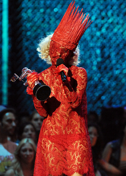 Lady Gaga At The 2009 VMAs: Lady Gaga wore Alexander McQueen's red lace 